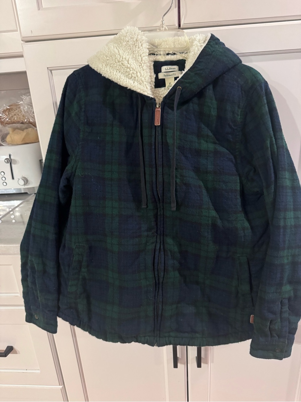 L.L. Bean Hooded Plaid Sherpa Jacket in Green and Blue